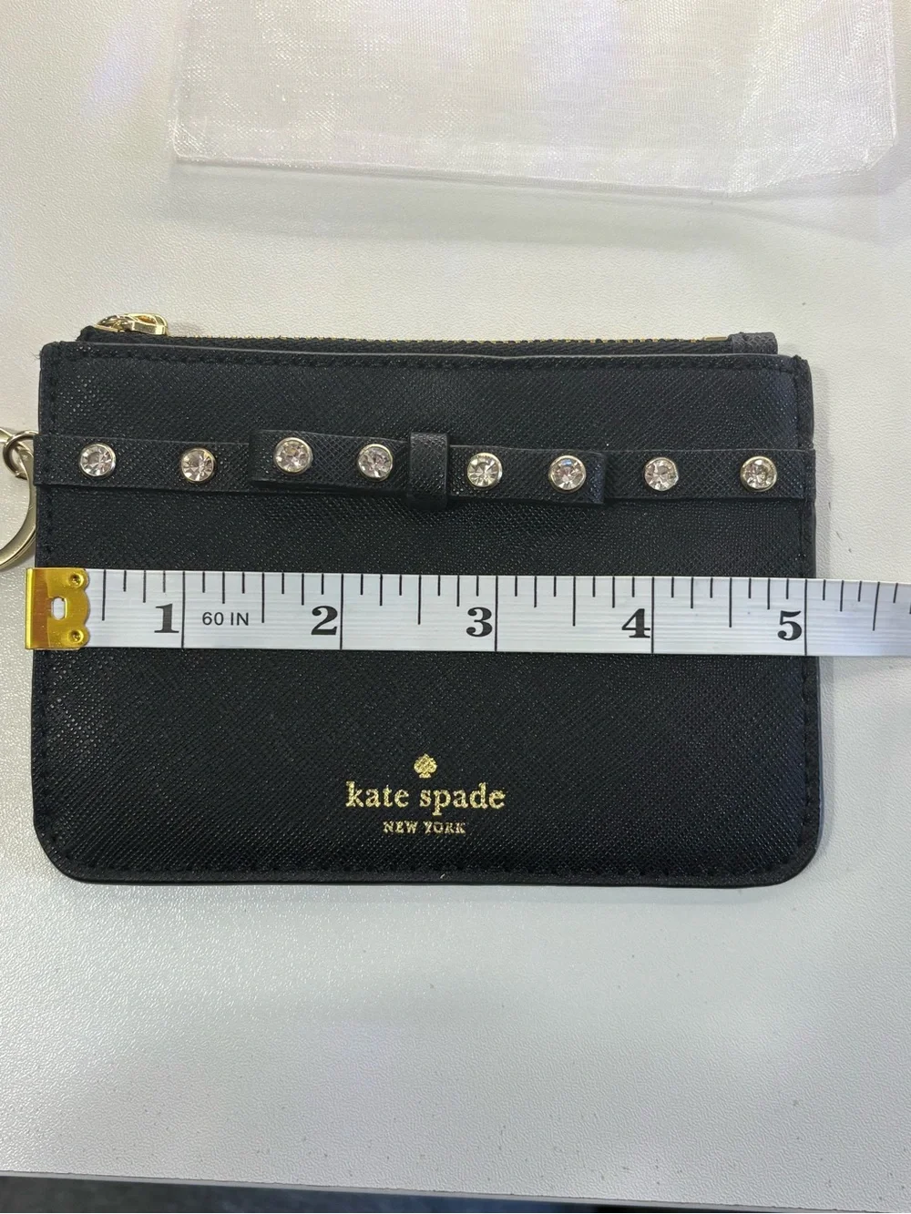 kate spade Black Leather Card Holder with Gold Keyring and Crystal Accents